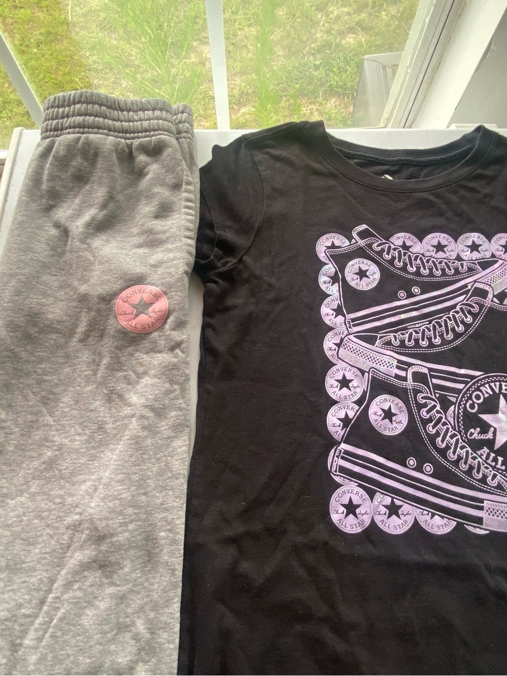 Converse Black Tee and Gray Joggers with Pink Patch